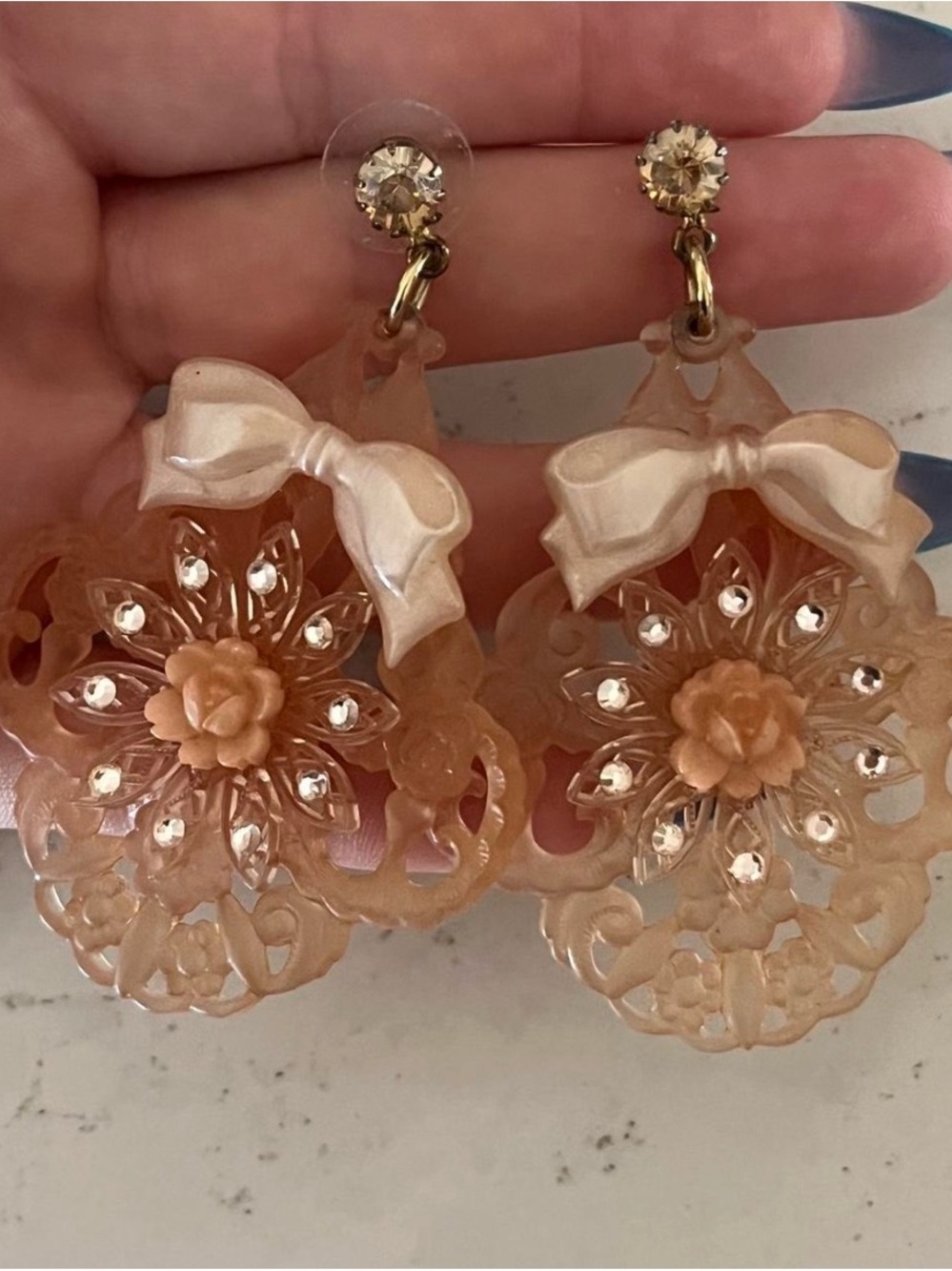 Vintage Tarina Tarantino Peach Floral Bow Drop Earrings - Women Jewelry